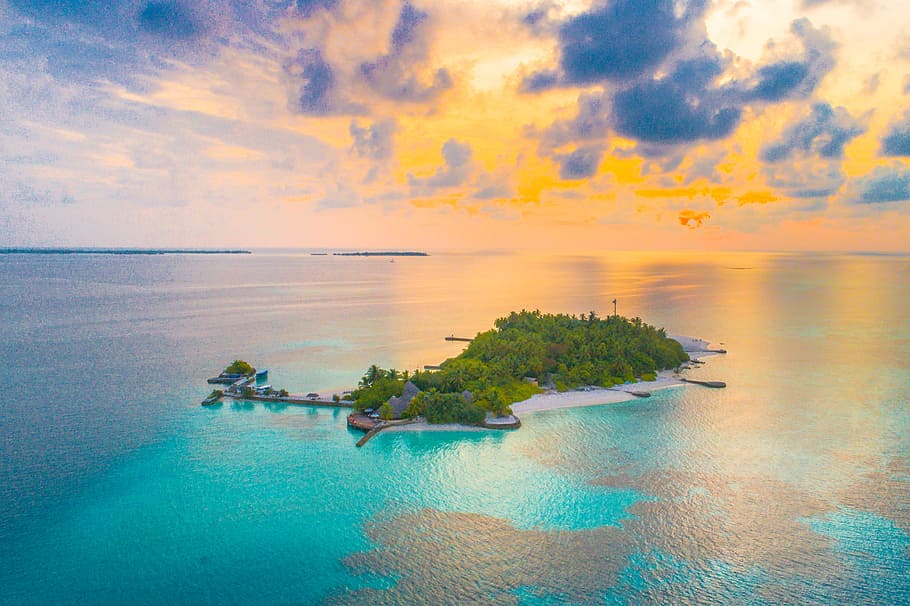 sea, nature, sky, sunset, beach, clouds, dock, high angle shot HD wallpaper