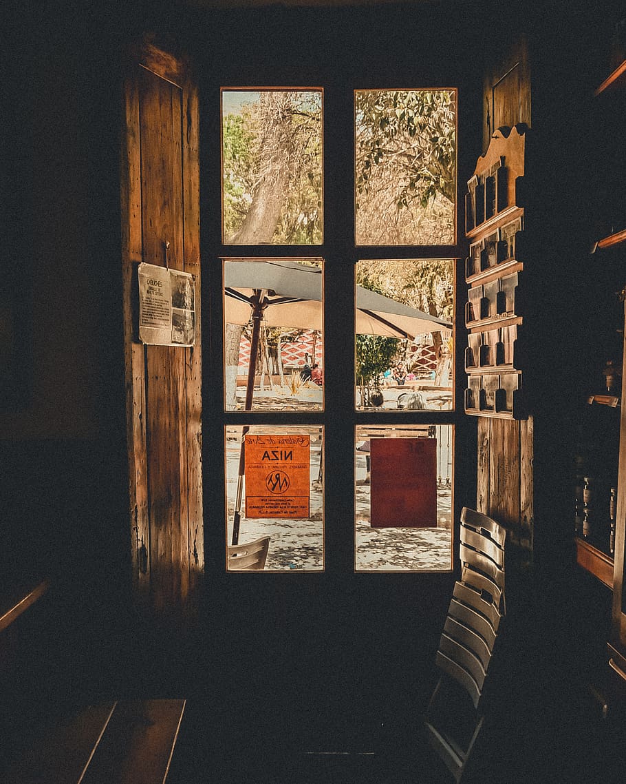 poster on clear window, architecture, indoors, building, wood - material HD wallpaper