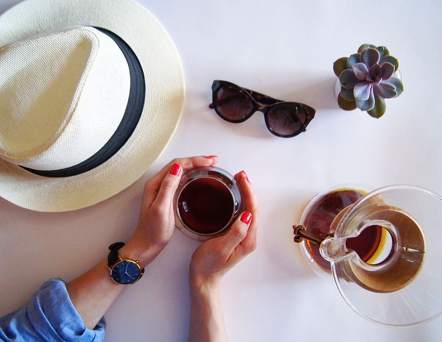 hat, hands, cup, clock, glasses, flower, drink coffee, chemex HD wallpaper