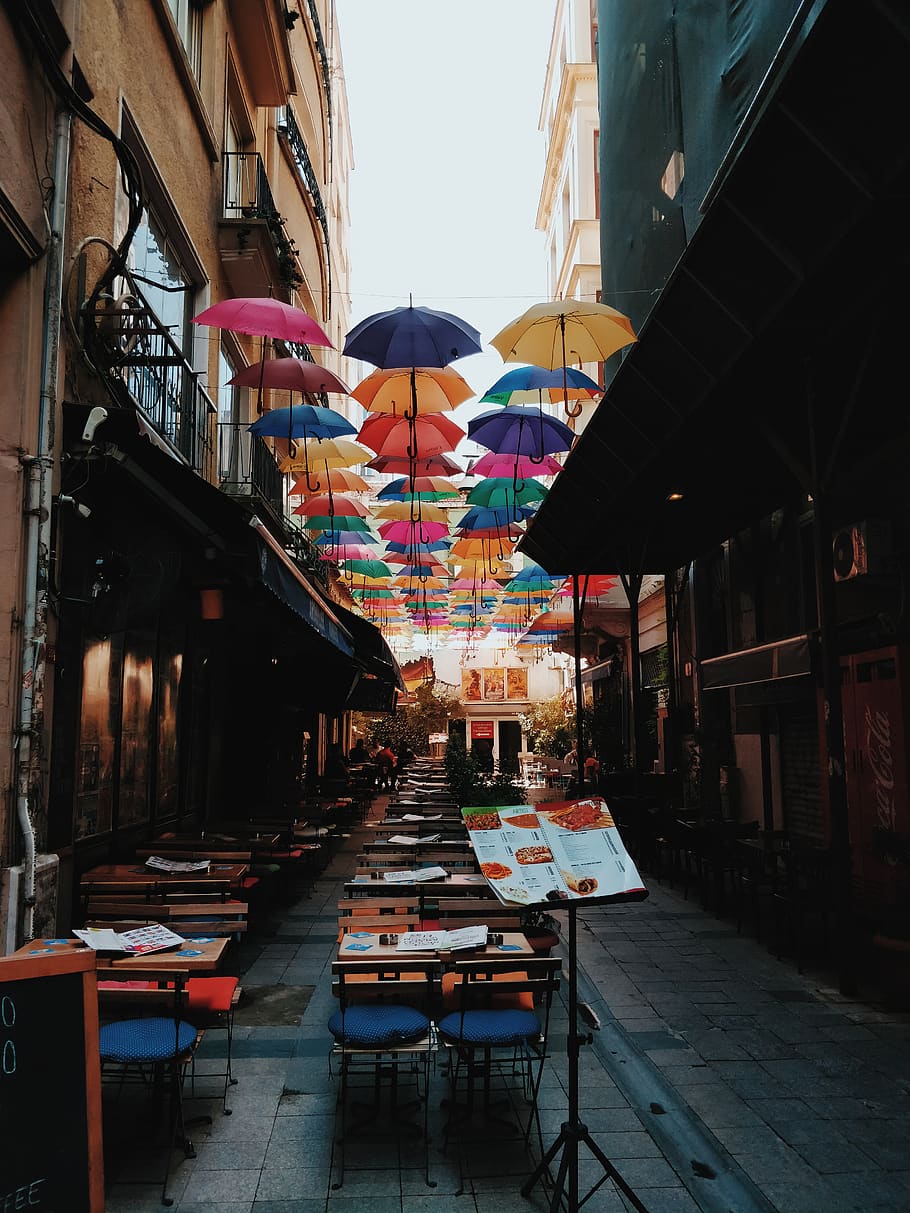 floating umbrellas during daytime, architecture, built structure HD wallpaper