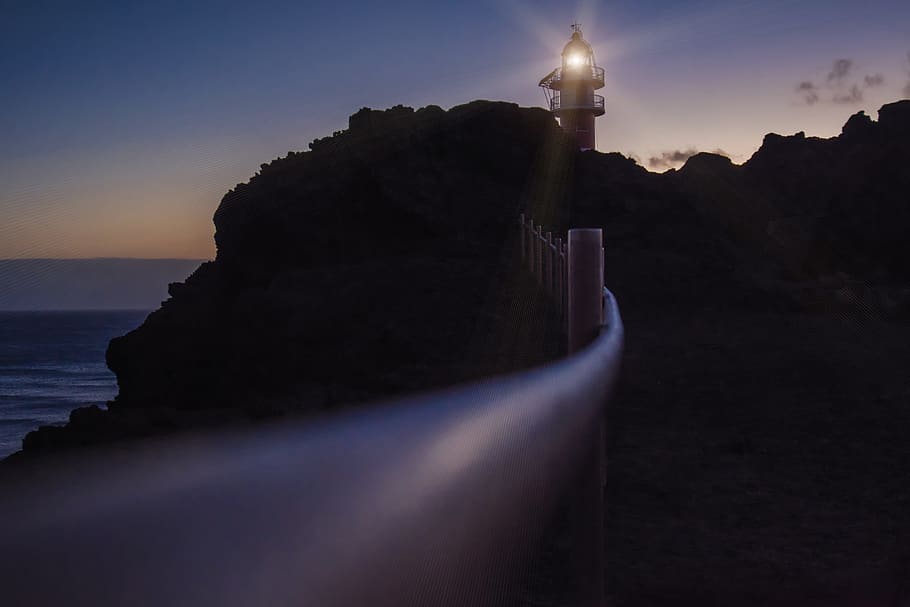 silhouette of lighthouse during daytime, cliff, sky, sea, coast HD wallpaper