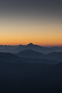 silhouette of mountains, sky, sunset, sunrise, landscape, gradient HD wallpaper