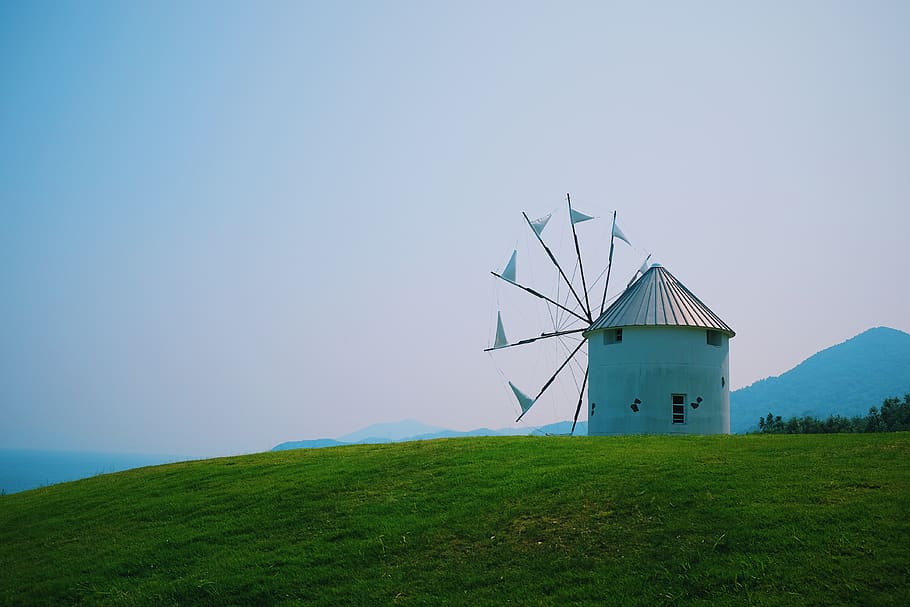 japan, shodoshima, windmill, grass, sky, travel, house, environment HD wallpaper