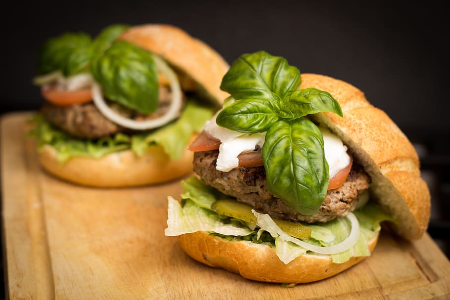 Hamburger, basil, beef, delicious, dining, dinner, dishes, eatery HD wallpaper