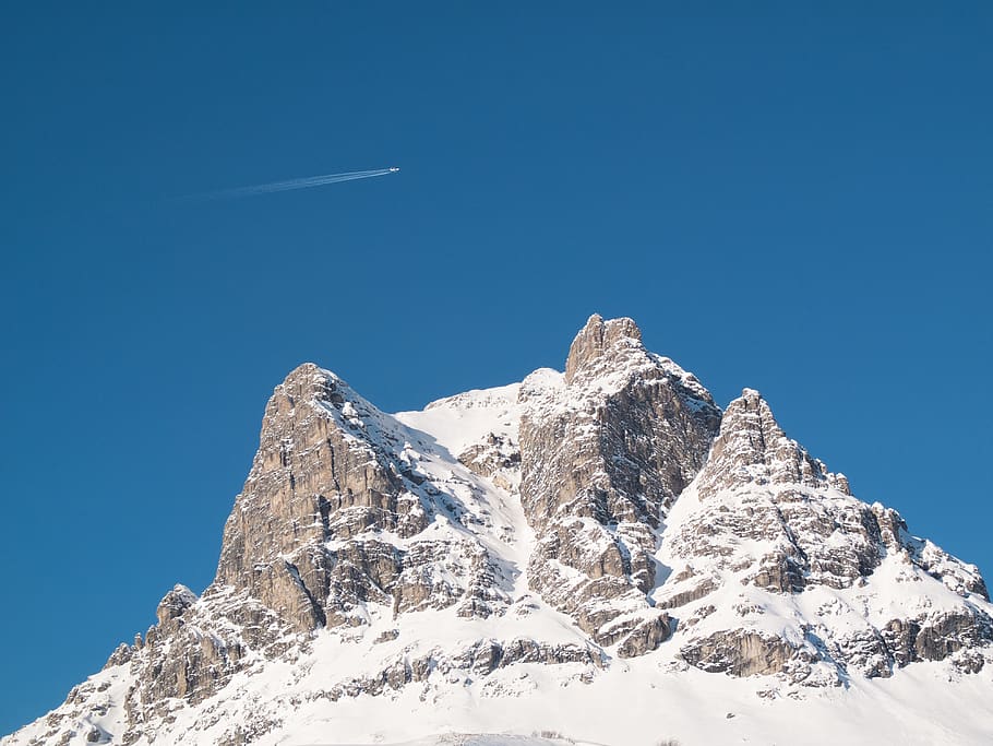 mountain, rock, plane, stripes, rocks, rocky, snow, snowy, alps HD wallpaper