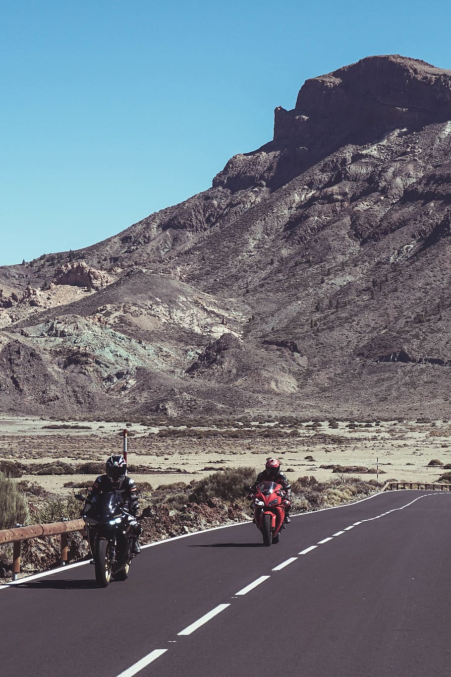 two motorcyclists on road, transportation, mountain, sky, nature HD wallpaper