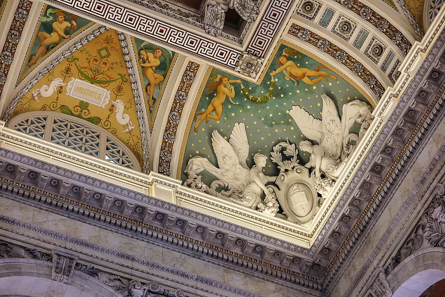 Ornate corner of the ceiling of the Library of Congress., architectural HD wallpaper