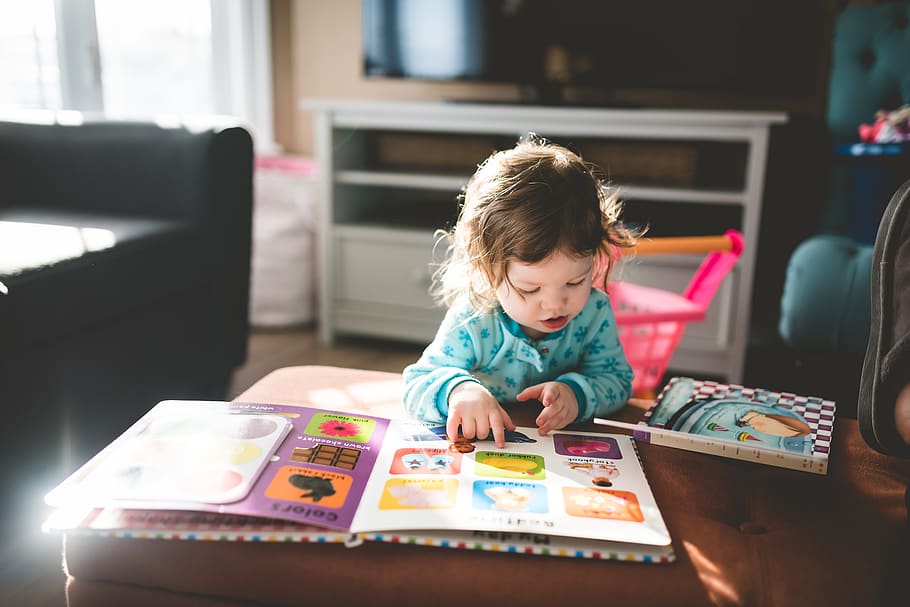 child reading book, person, human, display, electronics, monitor, HD wallpaper