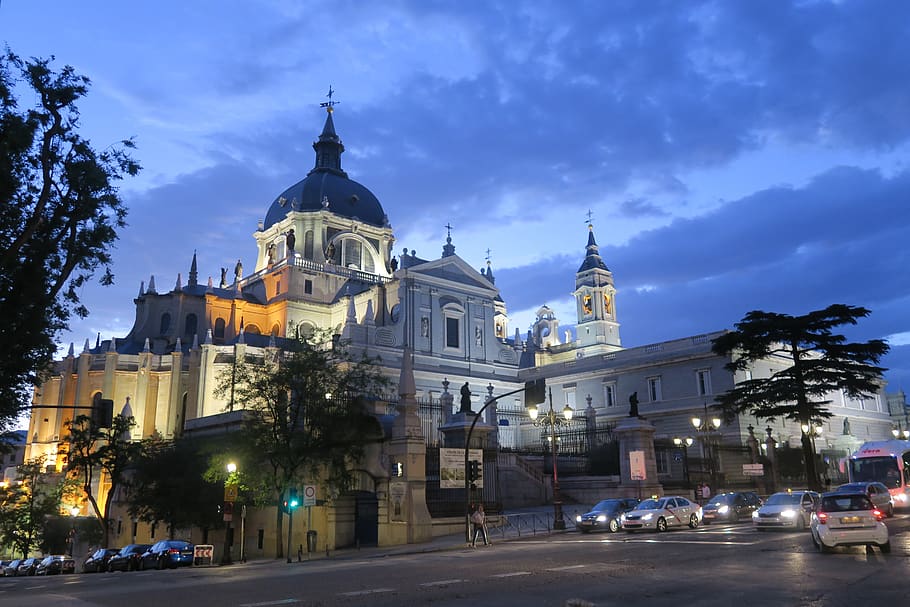 sunset cathedral, heritage, madrid, architecture, building exterior HD wallpaper