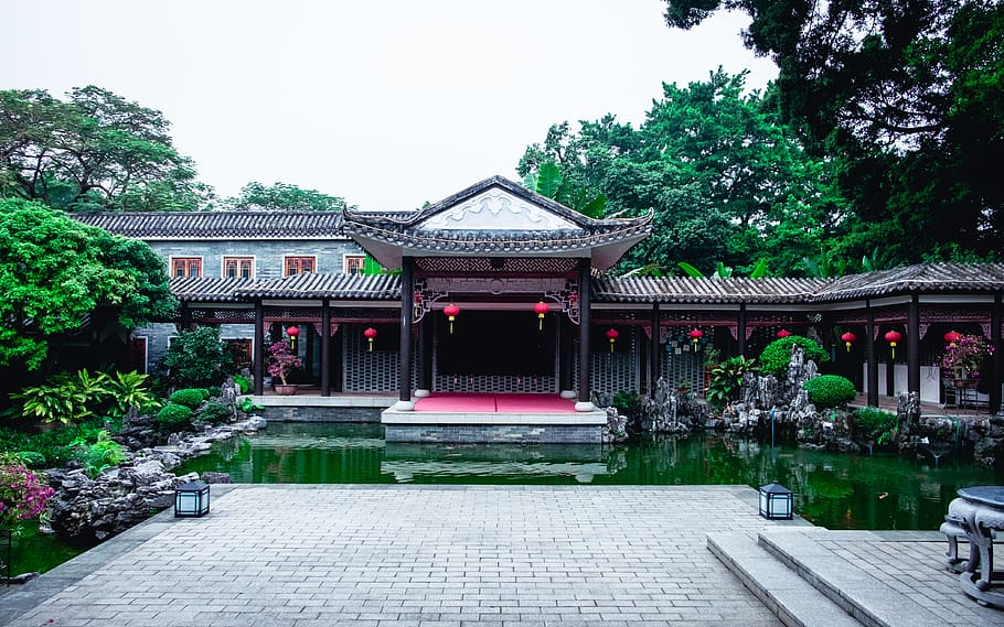 temple with plants in front, architecture, built structure, building exterior HD wallpaper