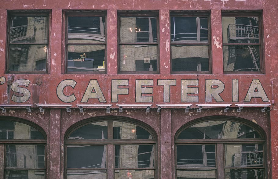 Red Painted Cafeteria With Glass Windows, architecture, building HD wallpaper