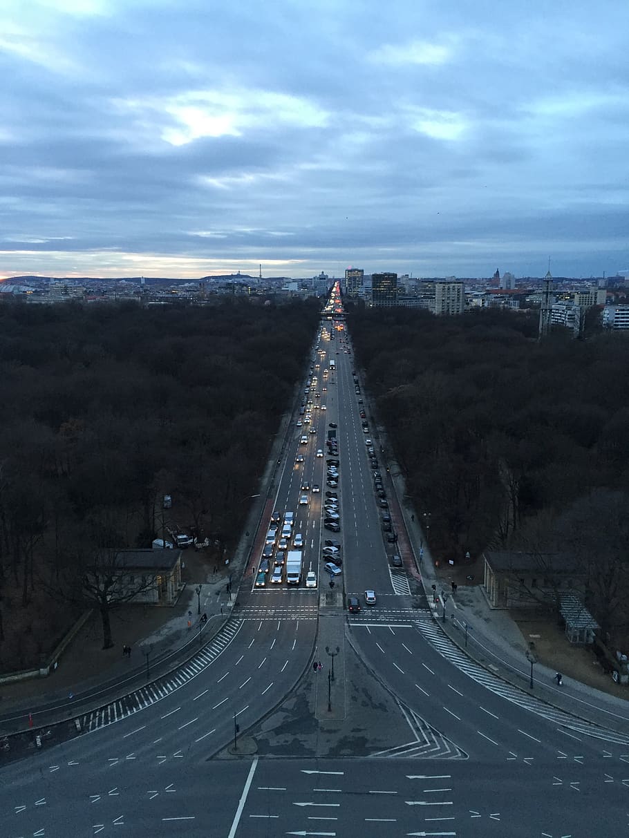 berlin, germany, victory column, traffic, cars, road, cloud - sky HD wallpaper