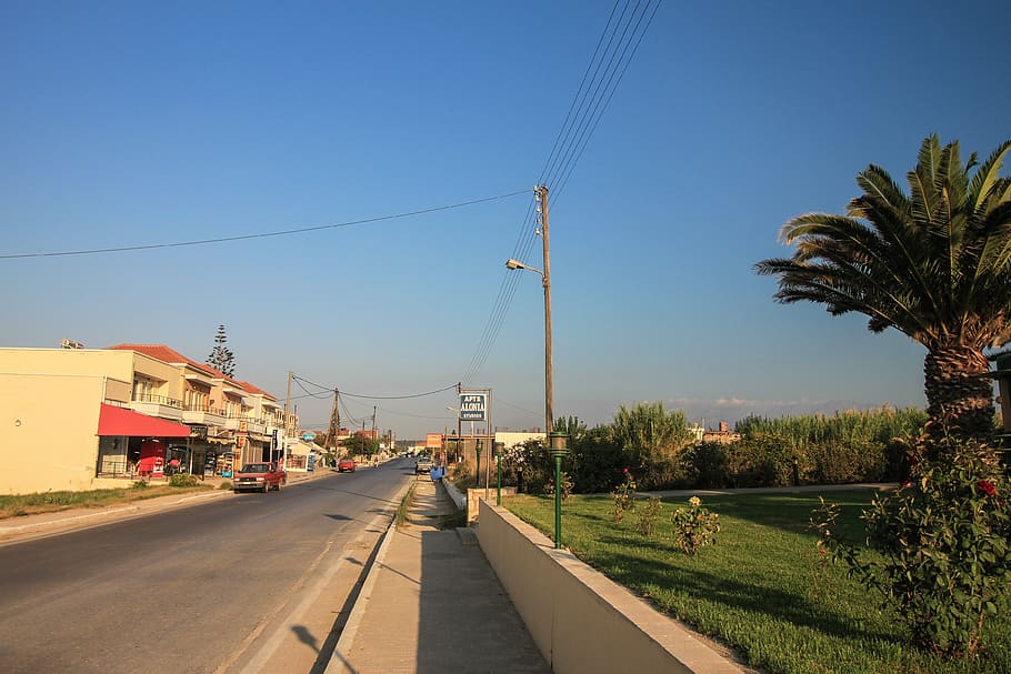greece, kolymvari, crete, road, palmtree, cars, sky, cable HD wallpaper