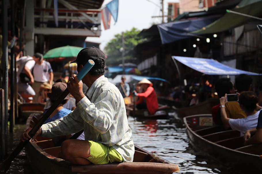 apparel, clothing, person, human, bangkok, floating market