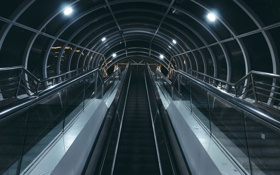 three black escalators, handrail, banister, terminal, train, transportation HD wallpaper