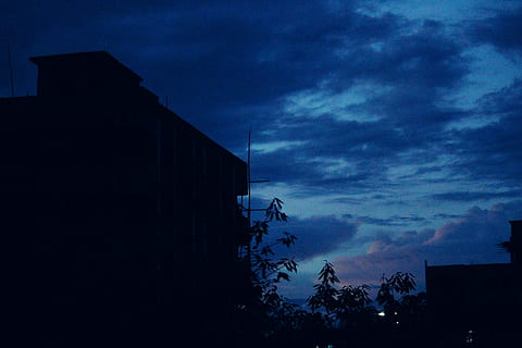 dark, building, tree, sunset, sky, blue, cloud, shadow, evening HD wallpaper