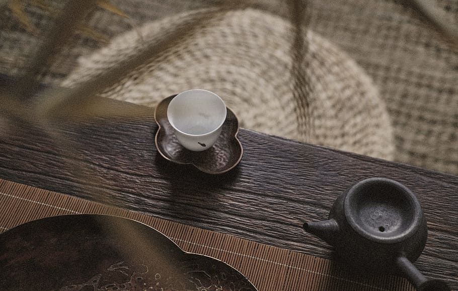 white teacup on saucer near teapot, bronze, red, plant, copper HD wallpaper