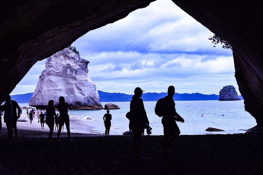 people, blue, ocean, cave, new zealand, sky, group of people HD wallpaper