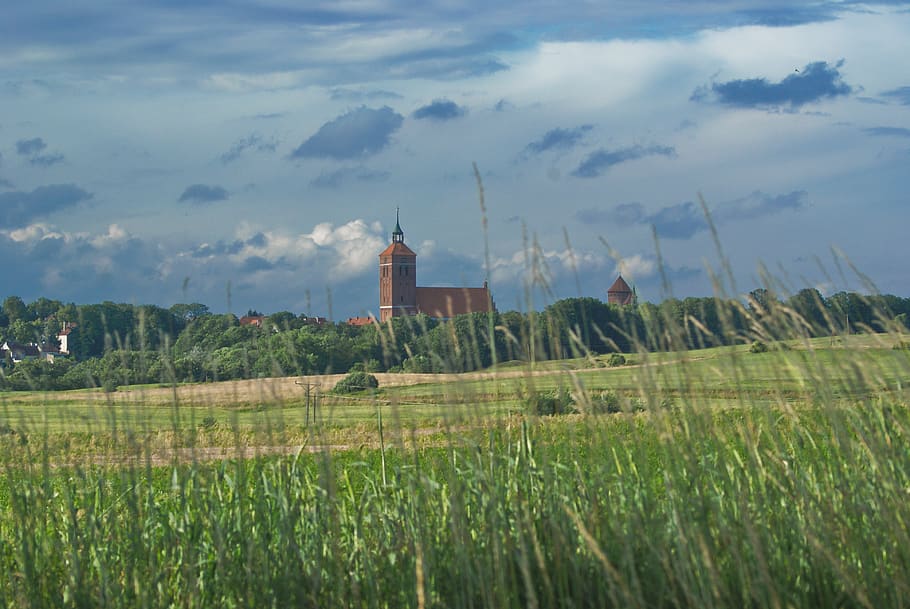 background, poland, fields, village, church, sky, environment, HD wallpaper