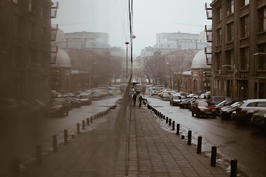 romania, bucharest, symetry, people, street, mirror, fog, reflection, HD wallpaper