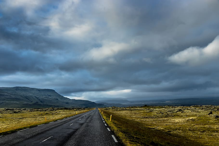 iceland, way, landscape, road, sky, mountains, clouds, nature