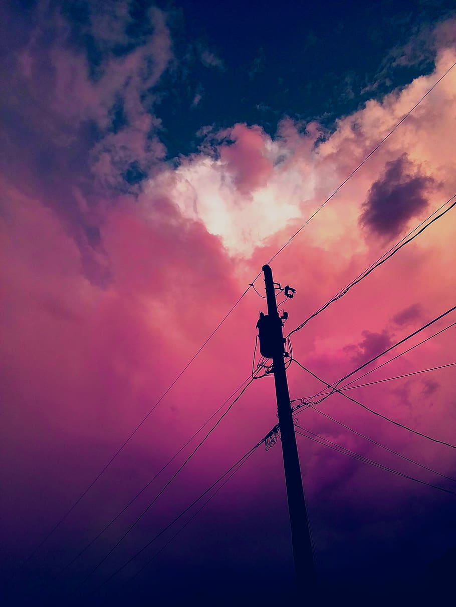 Silhouette of Street Post, clouds, dawn, electricity, energy HD wallpaper