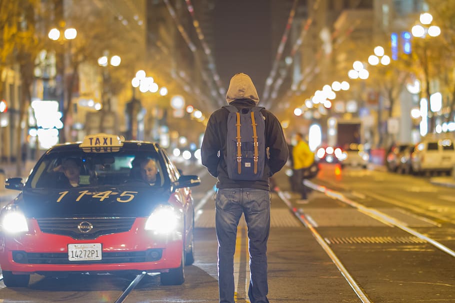 Man Walking in Middle of Road, adventure, backpack, cab, city HD wallpaper
