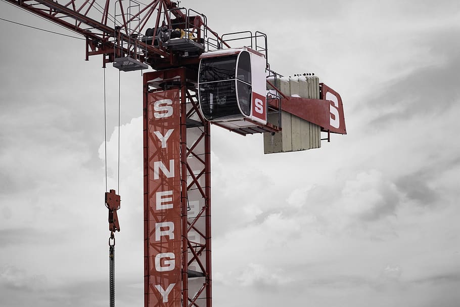 red crane, construction crane, canada, cap-rouge, quebec, grey, HD wallpaper