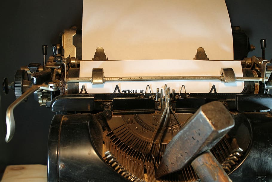 typewriter, leaf, dom of expression, retro, hammer, ban, smash HD wallpaper