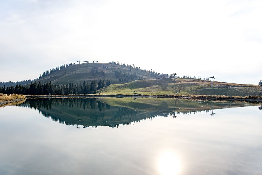 austria, tyrol, nature, reflection, hill, green, trees, sky HD wallpaper