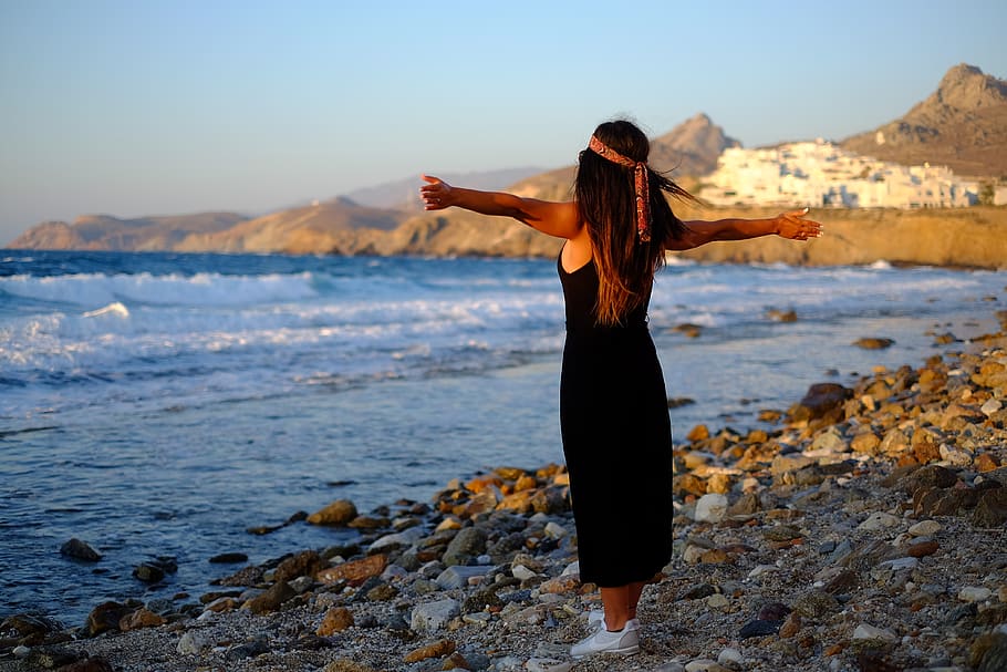 Women's Black Long Sleeveless Dress, beach, dawn, daylight, dom HD wallpaper