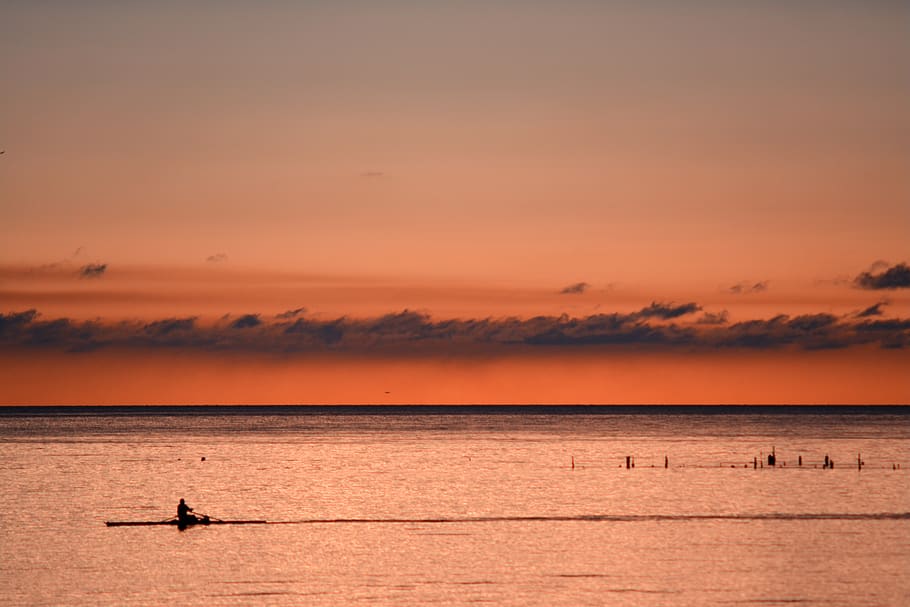 person kayaking during sunset, sky, beauty in nature, orange color HD wallpaper