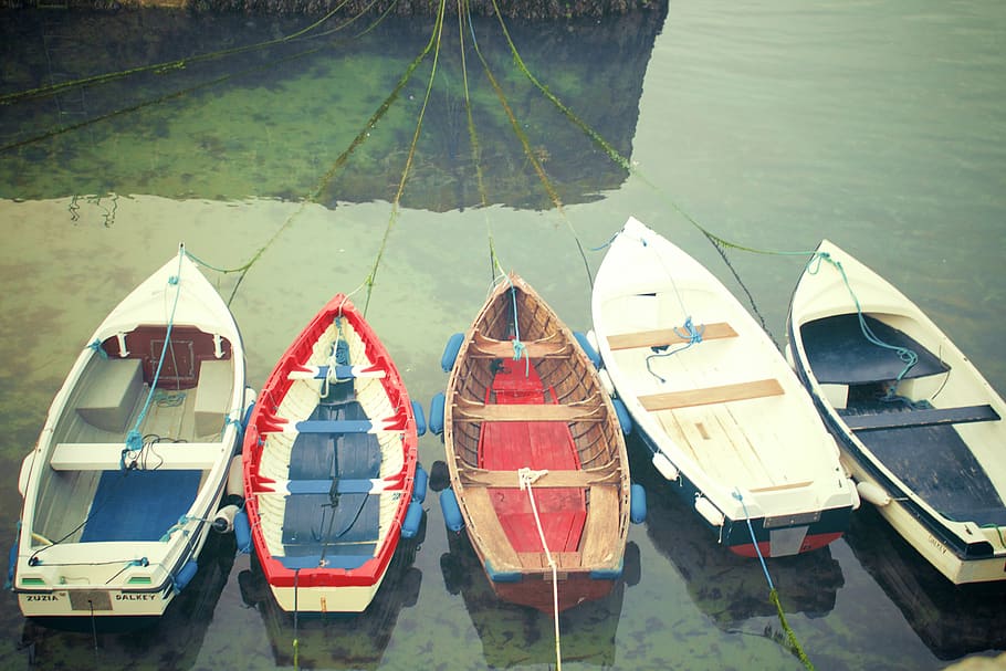 Five Boats, water, nautical vessel, mode of transportation, moored HD wallpaper