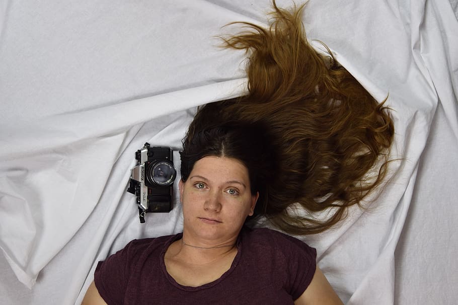 furniture, bed, indoors, lying down, portrait, headshot, hair HD wallpaper