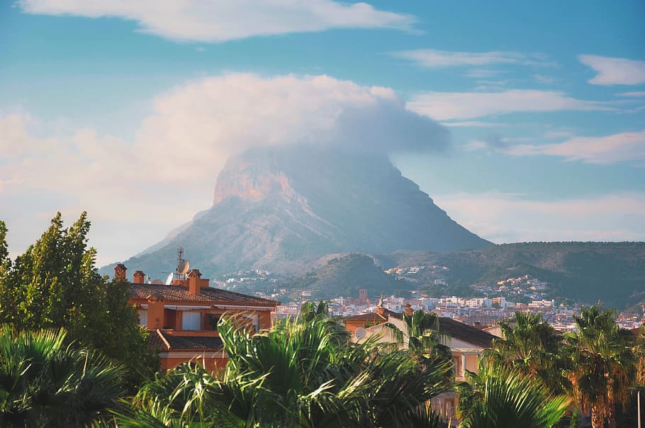 spain, xàbia, mountain, cloud, montgo, landscape, architecture HD wallpaper