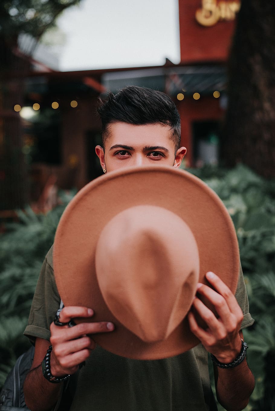 Man Covering His Face With Brown Wide Brim Fedora Hat, fashion, HD wallpaper