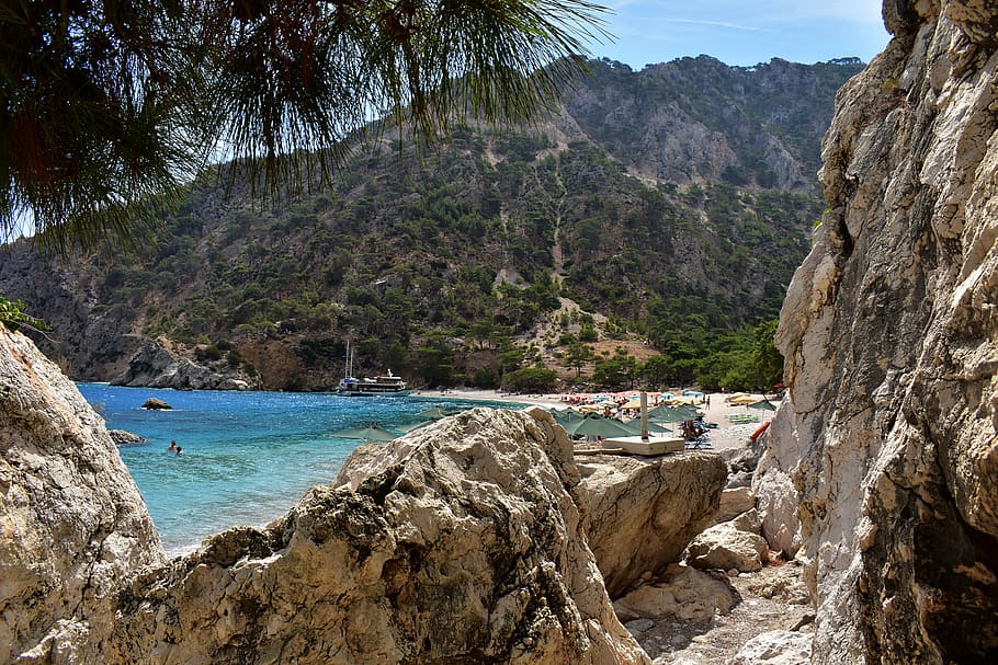 greece, beach, sea, karpathos, holidays, apelles, rock, mountain, HD wallpaper