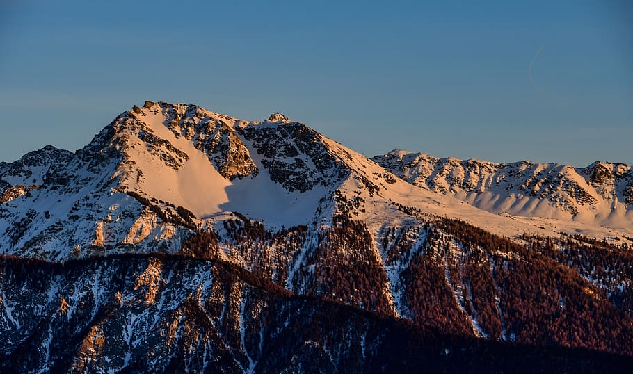 mountains, rocks, winter, landscape, forest, snow, twilight HD wallpaper