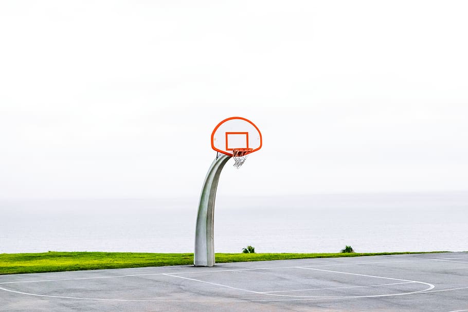 white and red basketball hoop, sport, outdoors, plant, grass