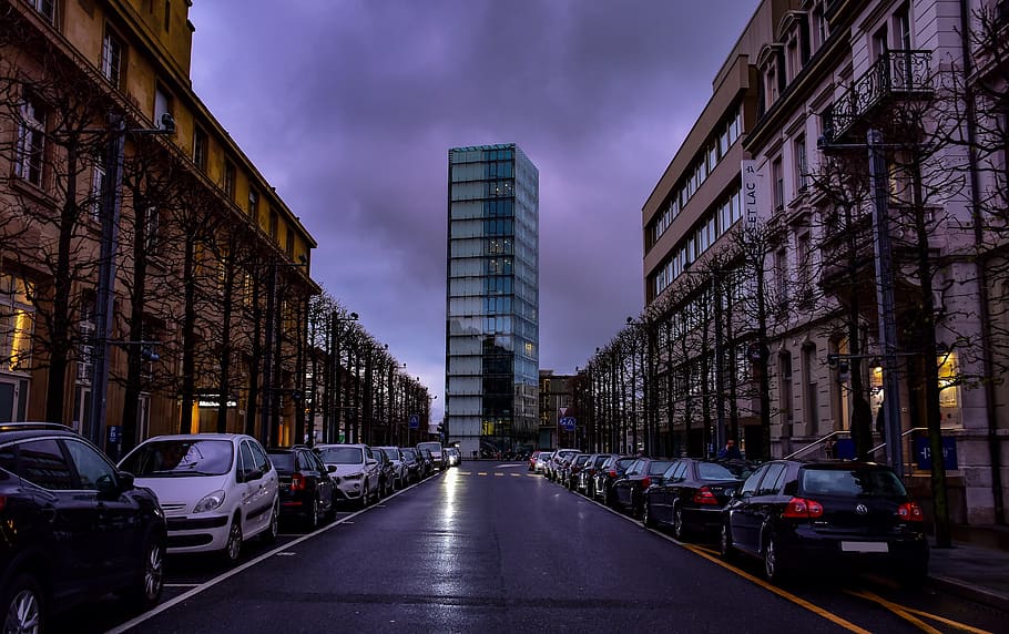 twilight, clouds, storm, dark, street, tower, buildings, park HD wallpaper