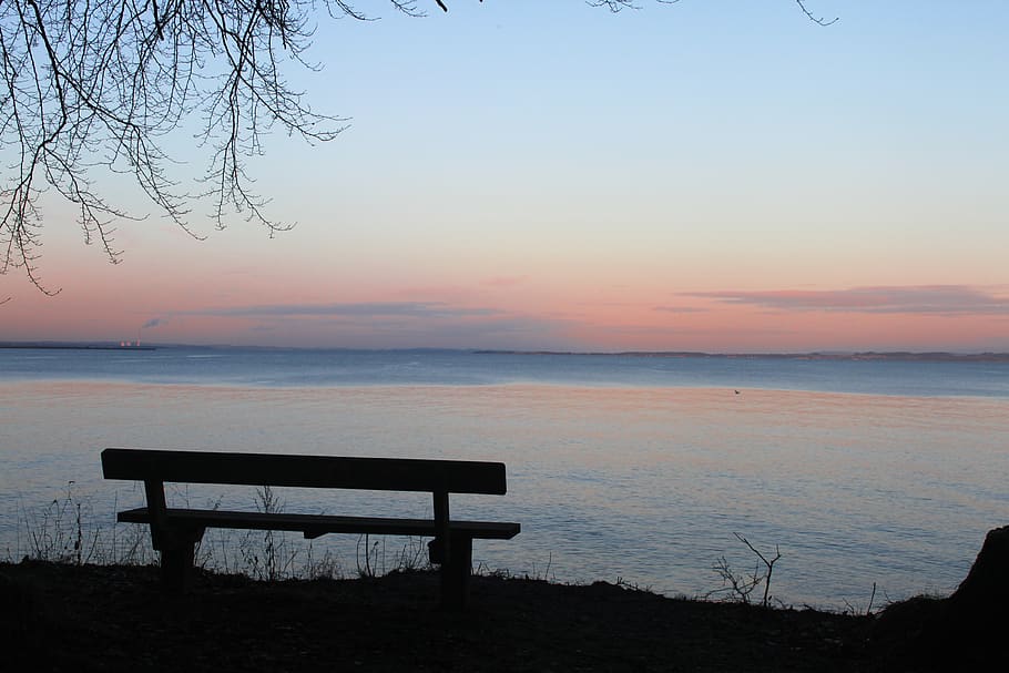 bench, three, water, view, sky, sunset, autumn, beauty in nature HD wallpaper