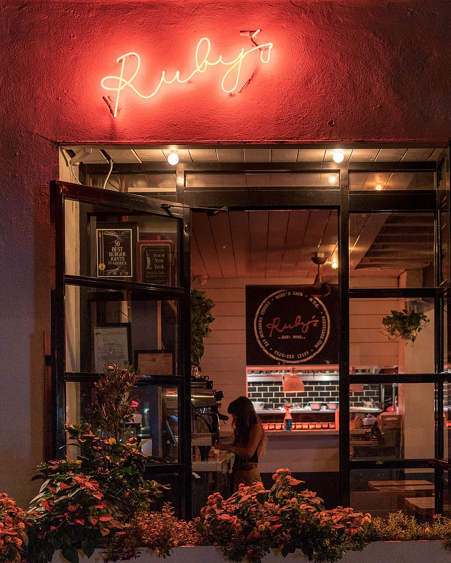Ruby's neon light signage, illuminated, architecture, text, built structure HD wallpaper