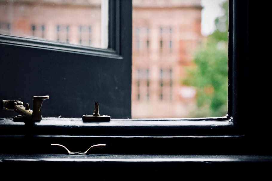 black framed window, latch, brick, light, city, urban, open window HD wallpaper