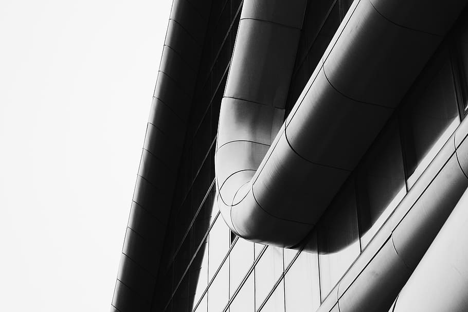 grayscale photo of building structure, architecture, grey, windows