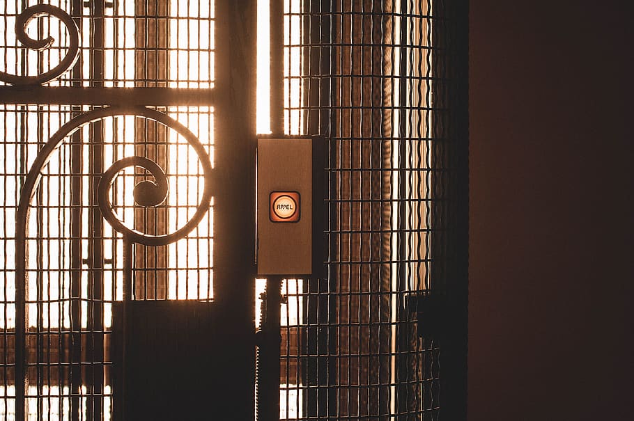 black metal gate, home decor, elevator, prison, sunset, paris HD wallpaper