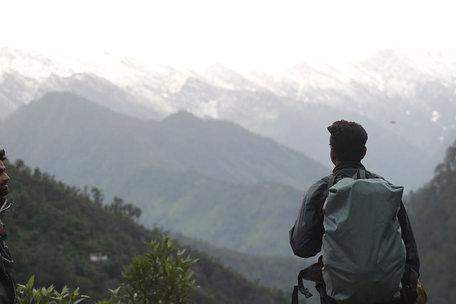 Man With Gray Backpack Across Mountain, adventure, climb, climber HD wallpaper