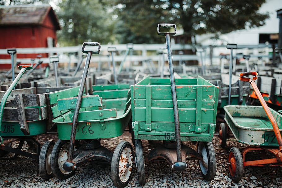 green wagon lot, vehicle, transportation, tractor, handrail, banister HD wallpaper