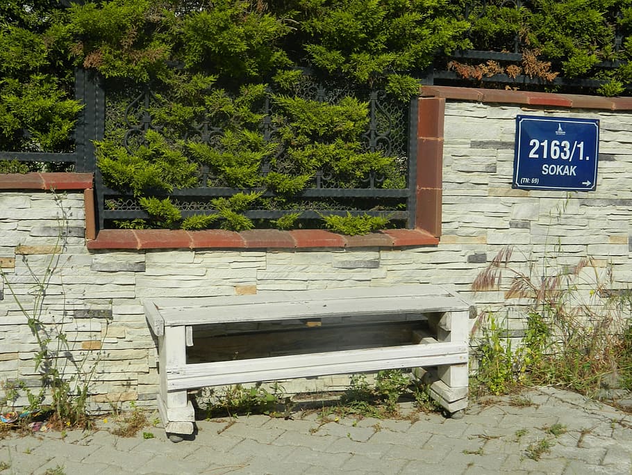 bench, street, sign, 2163, number, sitting, restplace, white, HD wallpaper