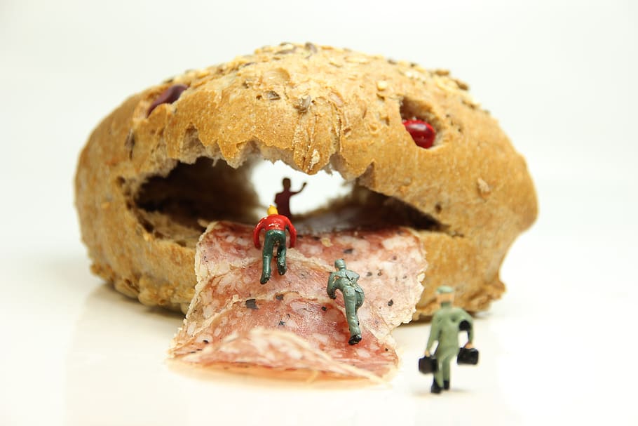 roll, salami, miniature figures, bread, baguette, cookies, pastries, HD wallpaper