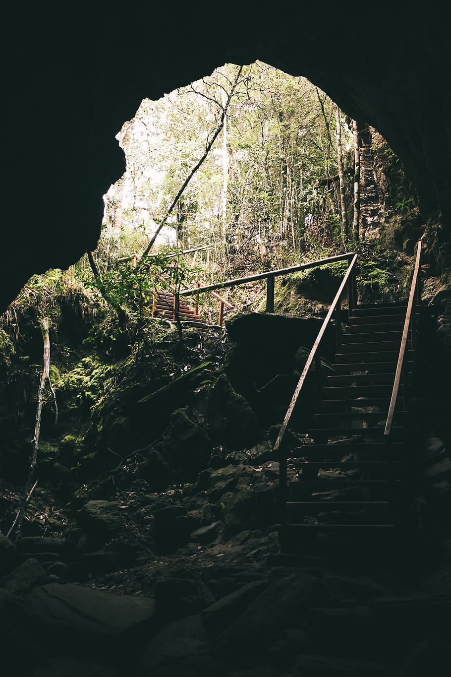 Brown Wooden Stairs, cave, colors, dark, daylight, environment HD wallpaper